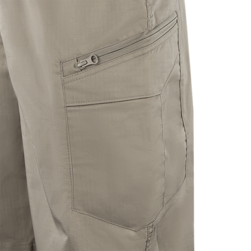 Close-up of Condors Scout Shorts in beige, showing a zippered pocket above a larger open pocket with visible stitching—designed for law enforcement and first responders.