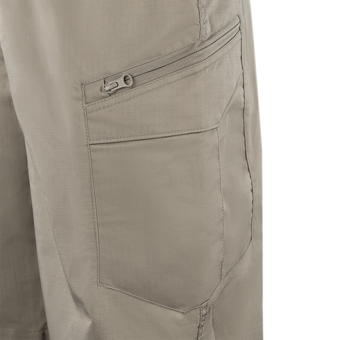 Close-up of Condors Scout Shorts in beige, showing a zippered pocket above a larger open pocket with visible stitching—designed for law enforcement and first responders.