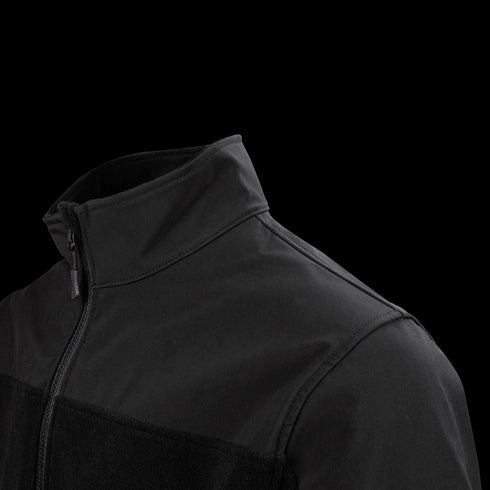 A close-up view of the Condor Bravo Fleece Jacket in black, featuring a high collar and zip-up design, perfect for EDC enthusiasts, shown from the chest up against a plain background.