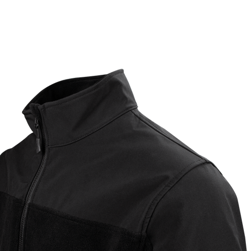 A close-up view of the Condor Bravo Fleece Jacket in black, featuring a high collar and zip-up design, perfect for EDC enthusiasts, shown from the chest up against a plain background.