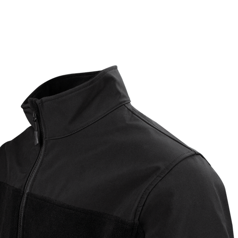 A close-up view of the Condor Bravo Fleece Jacket in black, featuring a high collar and zip-up design, perfect for EDC enthusiasts, shown from the chest up against a plain background.