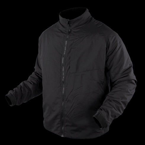 The Condor Nimbus Light Loft Jacket | SALE is a black, long-sleeved puffer with a front zipper and high collar, designed for comfort and warmth—ideal for military or first responder use. Displayed on a white background.