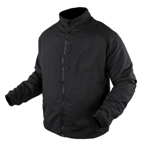The Condor Nimbus Light Loft Jacket | SALE is a black, long-sleeved puffer with a front zipper and high collar, designed for comfort and warmth—ideal for military or first responder use. Displayed on a white background.