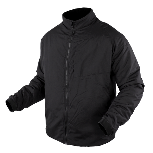 The Condor Nimbus Light Loft Jacket | SALE is a black, long-sleeved puffer with a front zipper and high collar, designed for comfort and warmth—ideal for military or first responder use. Displayed on a white background.