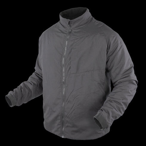 The Condor Nimbus Light Loft Jacket, in gray, features a zip-up front, long sleeves, and high collar with a clean look and no visible branding. Displayed on a featureless mannequin. Now on SALE.
