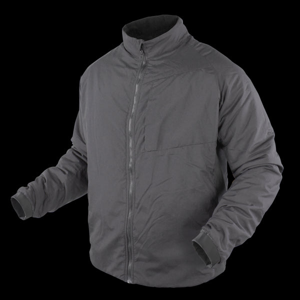 The Condor Nimbus Light Loft Jacket, in gray, features a zip-up front, long sleeves, and high collar with a clean look and no visible branding. Displayed on a featureless mannequin. Now on SALE.