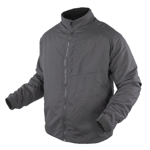 The Condor Nimbus Light Loft Jacket, in gray, features a zip-up front, long sleeves, and high collar with a clean look and no visible branding. Displayed on a featureless mannequin. Now on SALE.