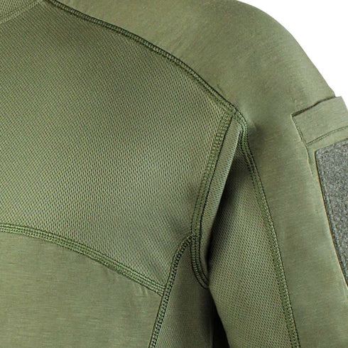 Close-up of the Condor Trident Short Sleeve Battle Tops upper back and shoulder, showing textured fabric, detailed stitching, and a Velcro sleeve patch—perfect for military and first responder applications.