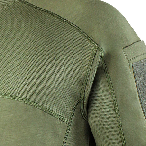 Close-up of the upper back and shoulder of the Condor Trident Long Sleeve Battle Top in olive green, highlighting detailed stitching and a Velcro patch on the sleeve.