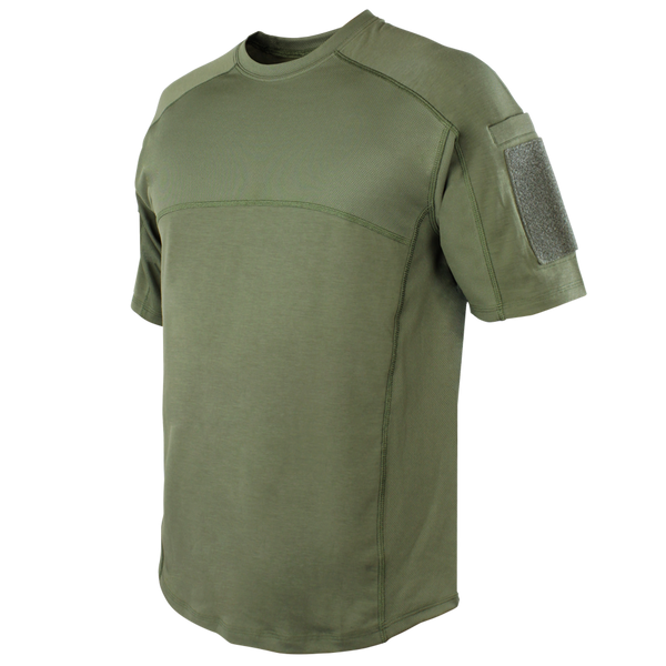 The Condor Trident Short Sleeve Battle Top, shown in olive green on a white background, features a left sleeve shoulder pocket and Velcro patch.