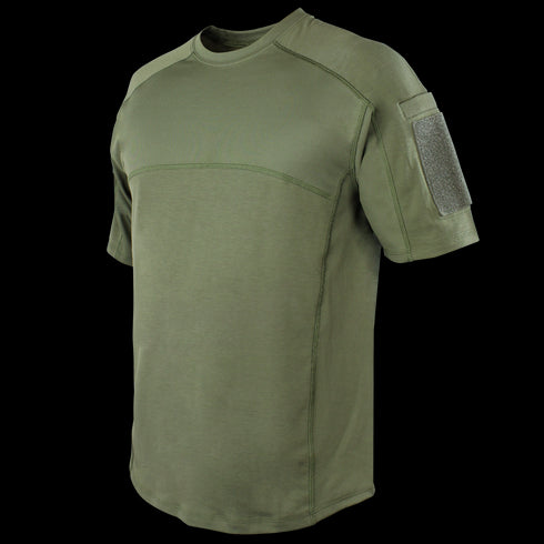 The Condor Trident Short Sleeve Battle Top in olive green features reinforced stitching and a Velcro patch on the left sleeve, designed for military or first responder use, shown on a plain background.