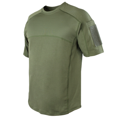 The Condor Trident Short Sleeve Battle Top in olive green features reinforced stitching and a Velcro patch on the left sleeve, designed for military or first responder use, shown on a plain background.