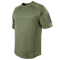 The Condor Trident Short Sleeve Battle Top in olive green features reinforced stitching and a Velcro patch on the left sleeve, designed for military or first responder use, shown on a plain background.