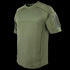The Condor Trident Short Sleeve Battle Top in olive green features reinforced stitching and a Velcro patch on the left sleeve, designed for military or first responder use, shown on a plain background.