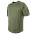 The Condor Trident Short Sleeve Battle Top in olive green features reinforced stitching and a Velcro patch on the left sleeve, designed for military or first responder use, shown on a plain background.
