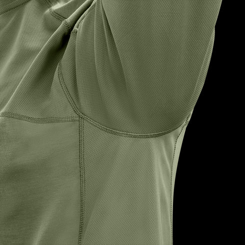 Close-up of the underarm area of the Condor Trident Short Sleeve Battle Top in green, highlighting its textured fabric and stitching—engineered for military and first responder applications.