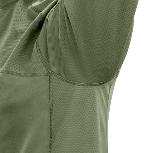 Close-up of the underarm area of the Condor Trident Short Sleeve Battle Top in green, highlighting its textured fabric and stitching—engineered for military and first responder applications.