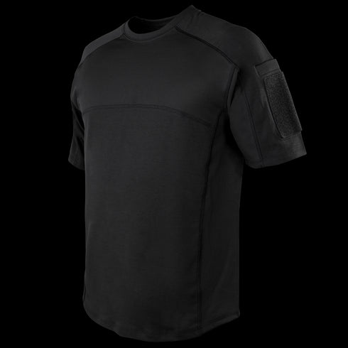 The Condor Trident Short Sleeve Battle Top features reinforced seams and a Velcro patch on the left upper sleeve, making it ideal for law enforcement or first responders. Shown here in black on a plain background.