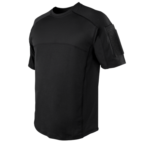 The Condor Trident Short Sleeve Battle Top features reinforced seams and a Velcro patch on the left upper sleeve, making it ideal for law enforcement or first responders. Shown here in black on a plain background.
