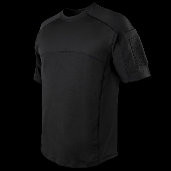 The Condor Trident Short Sleeve Battle Top features reinforced seams and a Velcro patch on the left upper sleeve, making it ideal for law enforcement or first responders. Shown here in black on a plain background.