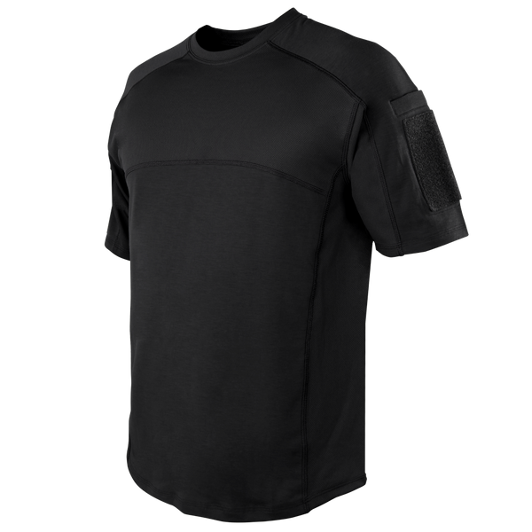 The Condor Trident Short Sleeve Battle Top features reinforced seams and a Velcro patch on the left upper sleeve, making it ideal for law enforcement or first responders. Shown here in black on a plain background.