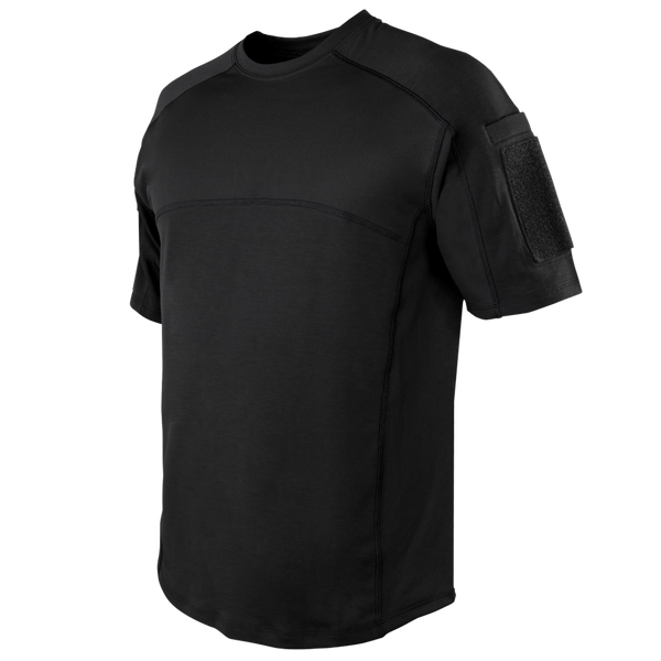 The Condor Trident Short Sleeve Battle Top features reinforced seams and a Velcro patch on the left upper sleeve, making it ideal for law enforcement or first responders. Shown here in black on a plain background.