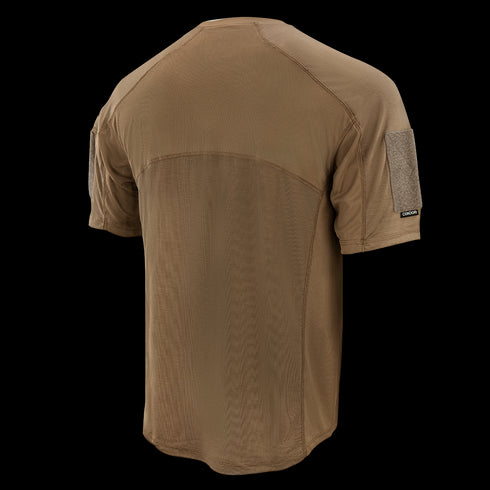 The Condor Trident Short Sleeve Battle Top, shown in brown from the back, features mesh panels and Velcro sleeve patches—ideal for military or law enforcement use.