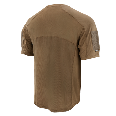 The Condor Trident Short Sleeve Battle Top, shown in brown from the back, features mesh panels and Velcro sleeve patches—ideal for military or law enforcement use.