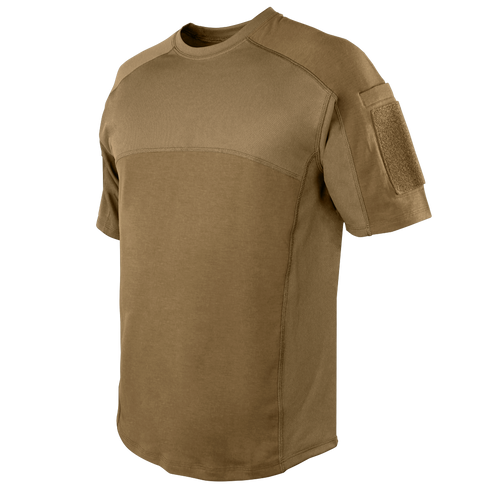 The Condor Trident Short Sleeve Battle Top is a brown tactical shirt with reinforced stitching and a Velcro patch on the left sleeve, designed for military or first responder use, displayed on a plain background.