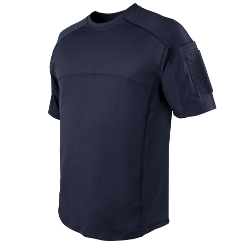 The Condor Trident Short Sleeve Battle Top in navy features visible stitching, a crew neck, and a Velcro patch on the left sleeve—perfect for military or first responder use.