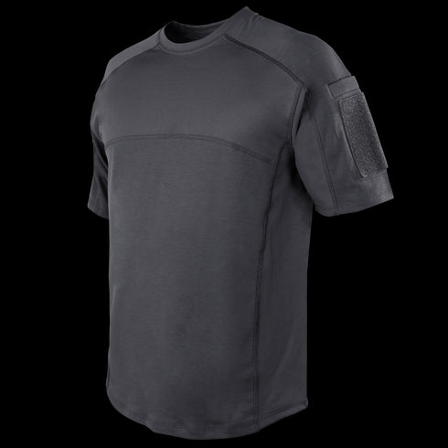 The Condor Trident Short Sleeve Battle Top is a dark gray tactical shirt with reinforced stitching and a Velcro patch on the left sleeve, designed for military or first responders, shown on a white background.