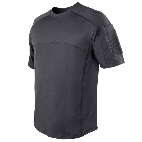 The Condor Trident Short Sleeve Battle Top is a dark gray tactical shirt with reinforced stitching and a Velcro patch on the left sleeve, designed for military or first responders, shown on a white background.