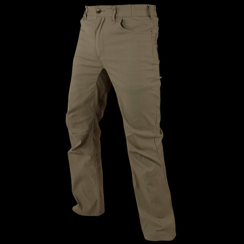 The Condor Cipher Pants are olive green, straight-fit, military-inspired trousers with a front button and zipper closure, displayed on a grey background.