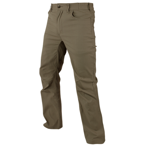 The Condor Cipher Pants are olive green, straight-fit, military-inspired trousers with a front button and zipper closure, displayed on a grey background.
