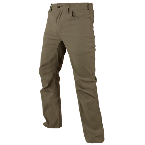 The Condor Cipher Pants are olive green, straight-fit, military-inspired trousers with a front button and zipper closure, displayed on a grey background.