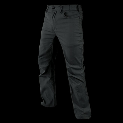 The Condor Cipher Pants are black, straight-leg pants with a button and zip fly, ideal for EDC use, shown on a white background.