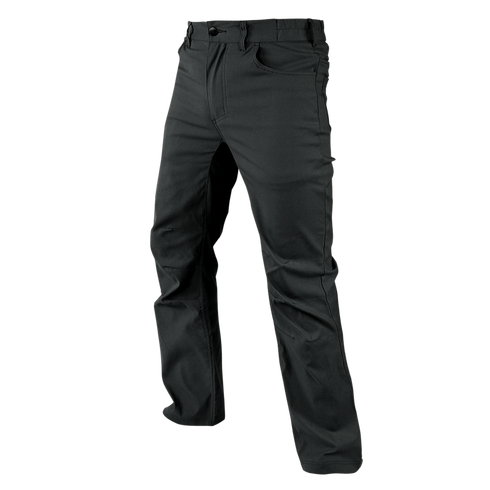 The Condor Cipher Pants are black, straight-leg pants with a button and zip fly, ideal for EDC use, shown on a white background.