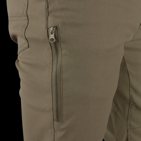 Close-up of Condor Cipher Pants in khaki, featuring a vertical zippered thigh pocket—perfect for EDC or law enforcement professionals.