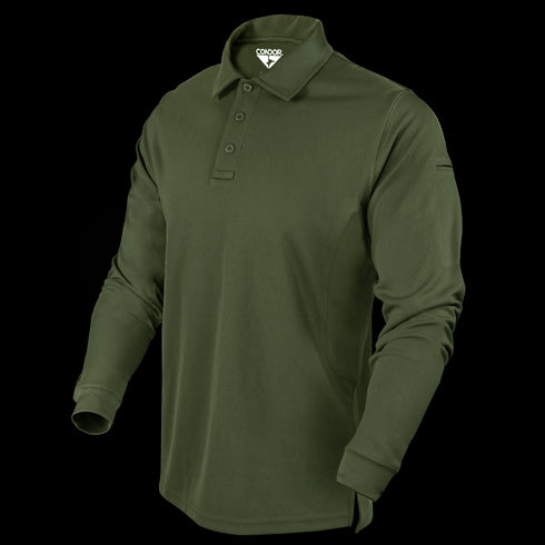 The Condor Long Sleeve Performance Tactical Polo, in olive green, features a collar and three-button placket, shown on a white background.