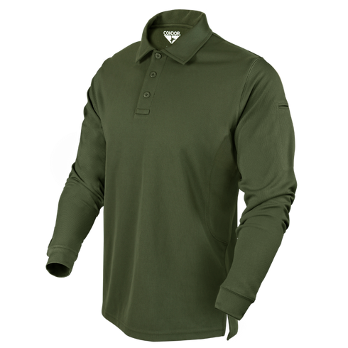 The Condor Long Sleeve Performance Tactical Polo, in olive green, features a collar and three-button placket, shown on a white background.