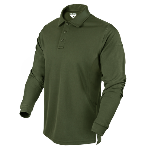 The Condor Long Sleeve Performance Tactical Polo, in olive green, features a collar and three-button placket, shown on a white background.