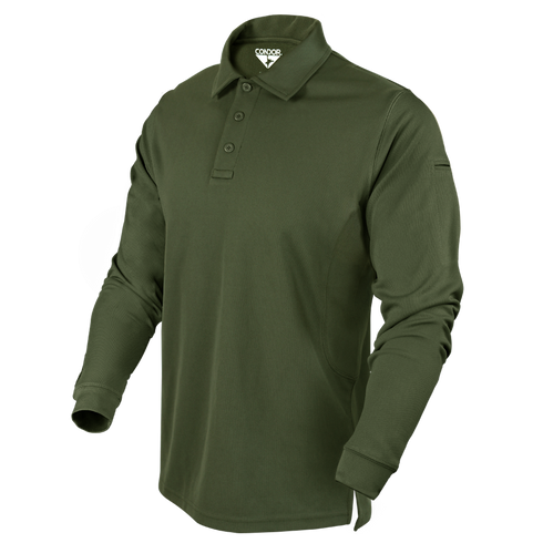 The Condor Long Sleeve Performance Tactical Polo, in olive green, features a collar and three-button placket, shown on a white background.