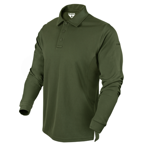 The Condor Long Sleeve Performance Tactical Polo, in olive green, features a collar and three-button placket, shown on a white background.
