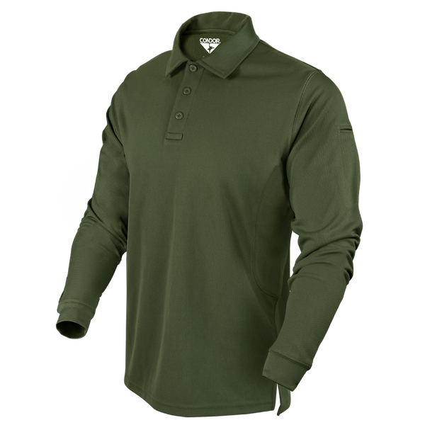 The Condor Long Sleeve Performance Tactical Polo, in olive green, features a collar and three-button placket, shown on a white background.