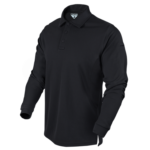 The Condor Long Sleeve Performance Tactical Polo is a black shirt featuring a collar, button placket, and visible brand label inside the collar, shown on a plain background.