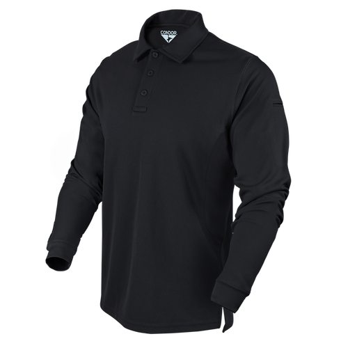 The Condor Long Sleeve Performance Tactical Polo is a black shirt featuring a collar, button placket, and visible brand label inside the collar, shown on a plain background.