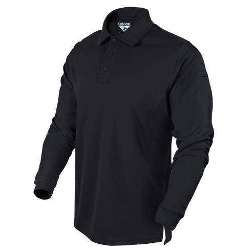 The Condor Long Sleeve Performance Tactical Polo is a black shirt featuring a collar, button placket, and visible brand label inside the collar, shown on a plain background.