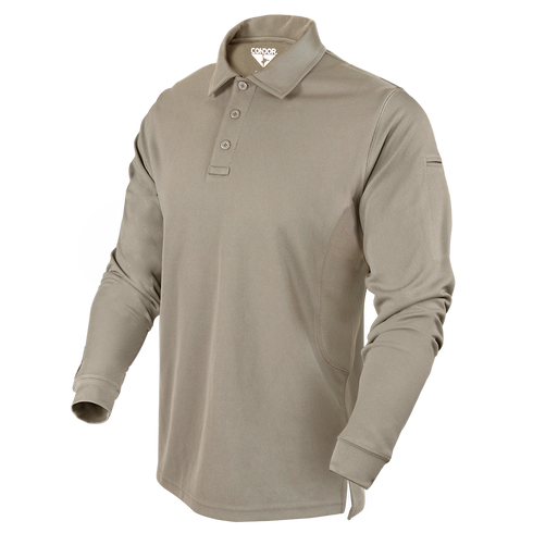The Condor Long Sleeve Performance Tactical Polo in tan features a three-button placket and the Condor logo inside the collar—shown on an invisible mannequin. Perfect for law enforcement or EDC. On SALE now!.