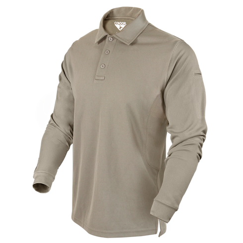 The Condor Long Sleeve Performance Tactical Polo in tan features a three-button placket and the Condor logo inside the collar—shown on an invisible mannequin. Perfect for law enforcement or EDC. On SALE now!.