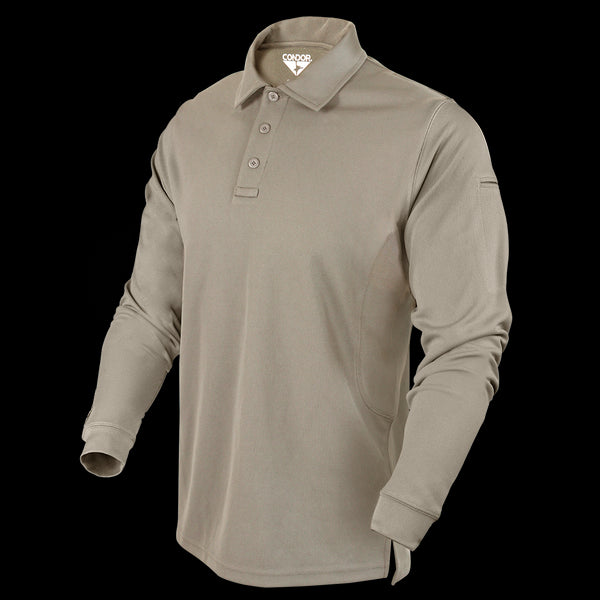 The Condor Long Sleeve Performance Tactical Polo in tan features a three-button placket and the Condor logo inside the collar—shown on an invisible mannequin. Perfect for law enforcement or EDC. On SALE now!.